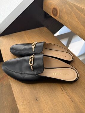 Coach Black Leather Backless Loafers with Gold Bit